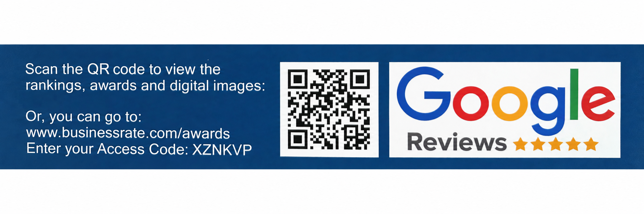 BusinessRate award verification banner with QR code, Google Reviews five stars, and access code XZNKVP